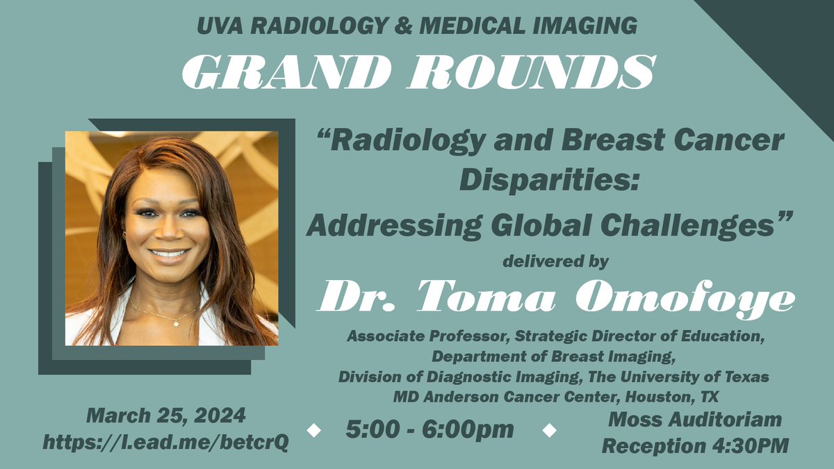 UVA Radiology (@uvaradiology) on Twitter photo Monday, 3/25, please join us for "Radiology and Breast Cancer Disparities: Addressing Global Challenges" with <a href="/TomaOmofoyeMD/">Toma Omofoye, MD</a> from <a href="/MDAndersonNews/">MD Anderson Cancer Center</a>
Attend virtually here: l.ead.me/betcrQ
#breastcancer #radiology #healthcare Monday, 3/25, please join us for "Radiology and Breast Cancer Disparities: Addressing Global Challenges" with <a href="/TomaOmofoyeMD/">Toma Omofoye, MD</a> from <a href="/MDAndersonNews/">MD Anderson Cancer Center</a>
Attend virtually here: l.ead.me/betcrQ
#breastcancer #radiology #healthcare