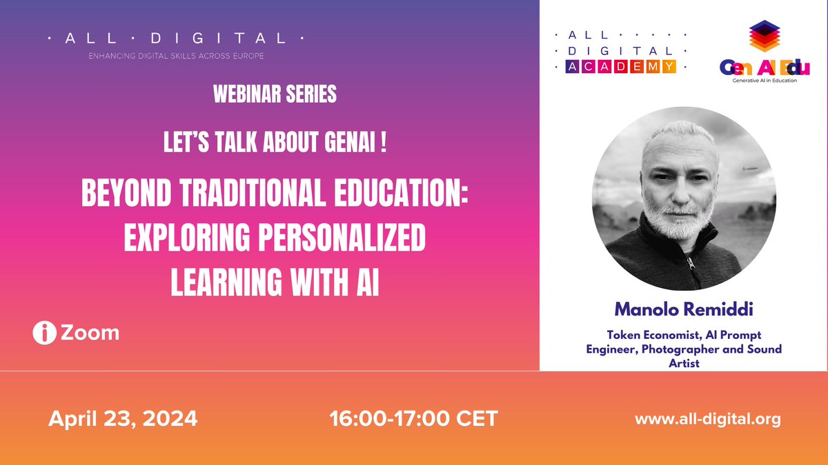 🚀 Join our webinar series 'Let's talk about GenAI'! Explore 'Beyond Traditional Education: Personalized Learning with AI' with @ManoloRemiddi. Discover how AI shapes learning experiences, tackles challenges, and more! Don't miss out, register now! ➡️ us02web.zoom.us/meeting/regist……