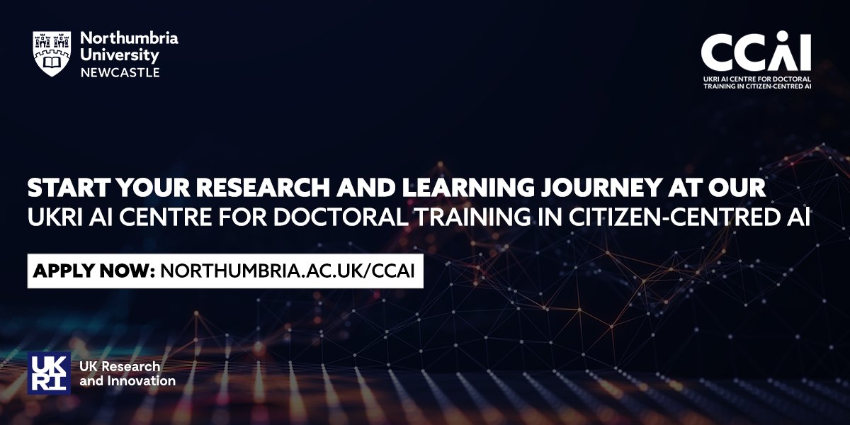 Apply to join the UKRI AICDT in Citizen-Centred AI. We are not only shortlisting applicants based upon academic excellence, but also aiming to drive inclusion through our specialist panel of Northumbria Staff. Apply now: orlo.uk/3fF7s