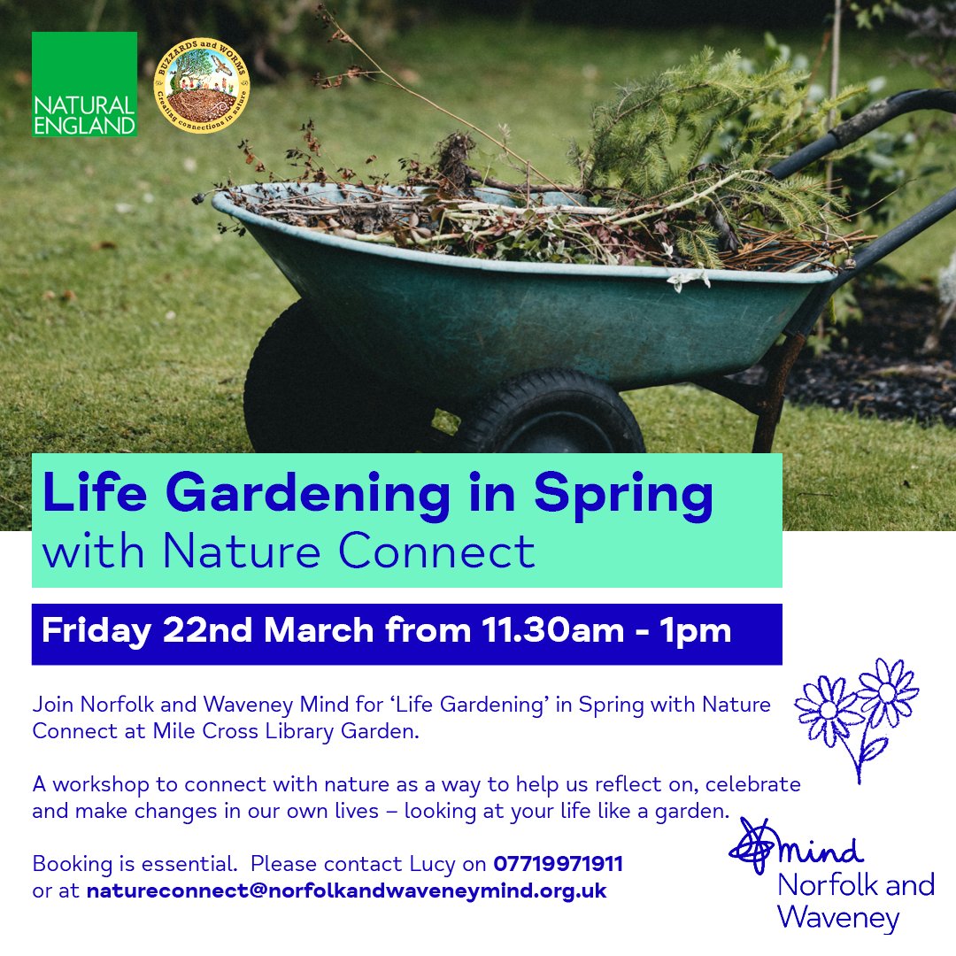 Join Nature Connect for Life Gardening in Spring at Mile Cross Library Garden. A workshop to connect with nature as a way to help us reflect on, celebrate and make changes in our own lives – looking at your life like a garden. Contact natureconnect@norfolkandwaveneymind.org.uk