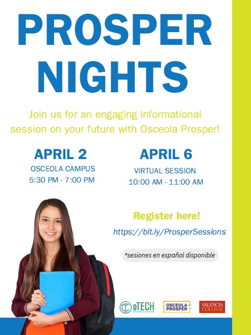 The Class of 2024 and their families are invited to learn more about #OsceolaProsper at Valencia’s Osceola Campus on April 2nd OR virtually on April 6th! 

Learn how to access an associate degree or career certificate at no out-of-pocket cost! #SDOCGoodToGreat #SDOC4E