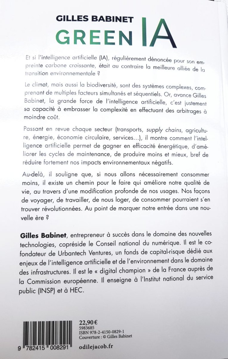 babgi's tweet image. Chers amis,
Je suis heureux de vous annoncer le lancement de mon nouveau livre "GreenIA, l'intelligence artificielle au service du climat", chez Odile Jacob (27 mars). Il défend la thèse que je porte depuis maintenant quatre ans, postulant que l'IA va devenir une force…
