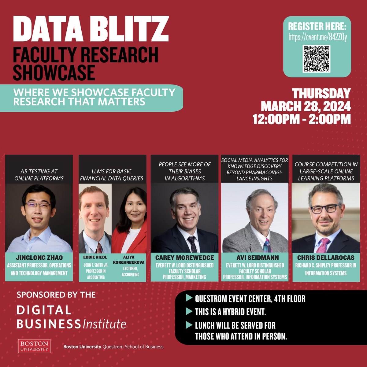 Upcoming faculty data blitz hosted by the @DBInstituteBU, with short talks focusing on digital analytics research: A/B testing, using LLMS to find financial data, #algorithms revealing human bias, and insights from social and learning platforms. Sign up for free, here:…