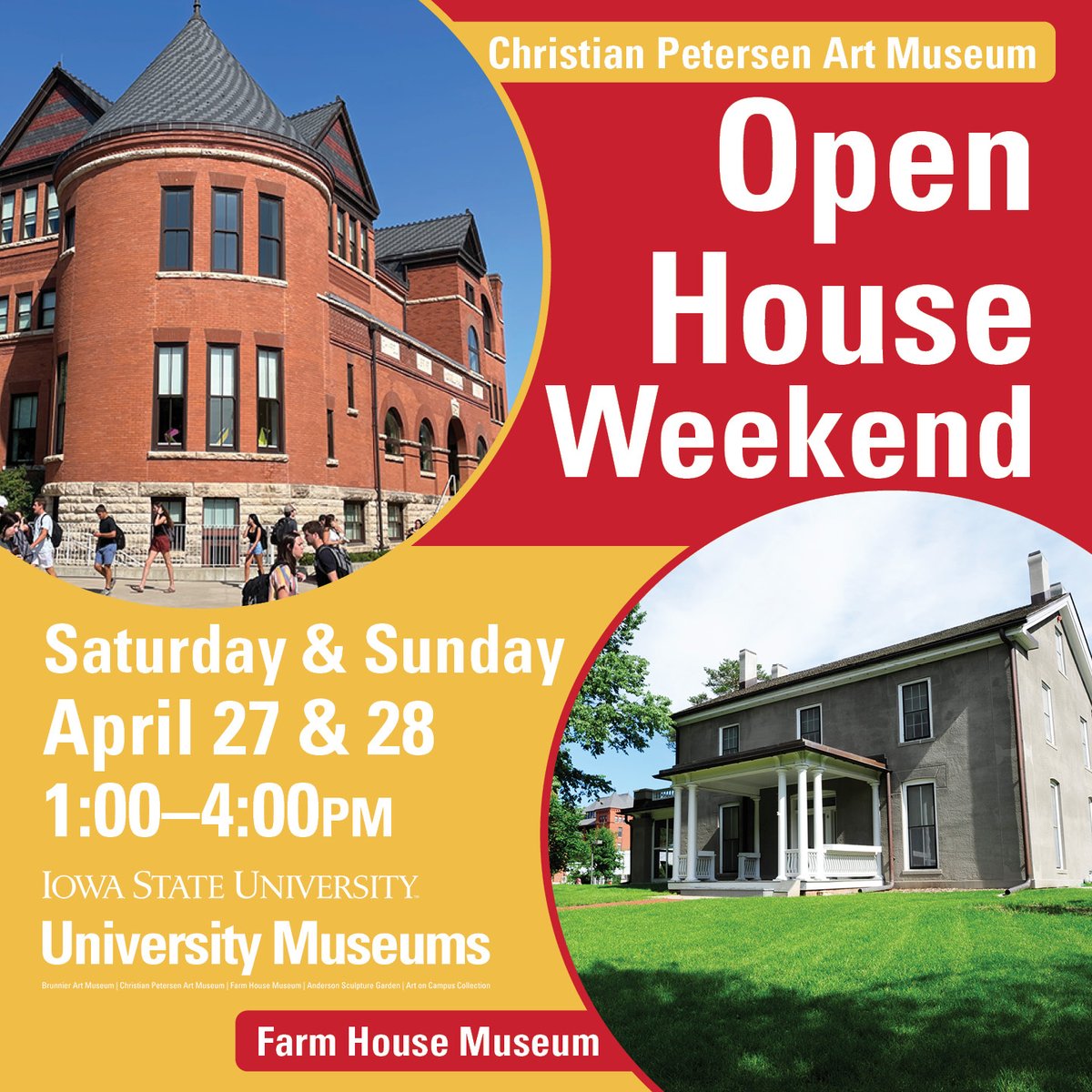 Join us for Open House Weekend at both the Christian Petersen Art Museum and the Farm House Museum on Saturday & Sunday, April 27 & 28 from 1:00-4:00pm each day! #OpenHouse #FreeAdmission #ISU #IowaState #FarmHouse #FarmHouseMuseum #ChristianPetersen