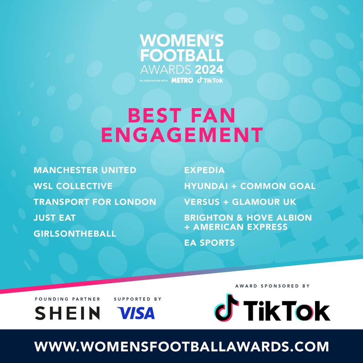 Congratulations to @JillScottJS8 , @emmahayes1, @rach_brown1 and @GirlsontheBall who have all been nominated for an award at the Women’s Football Awards 👏