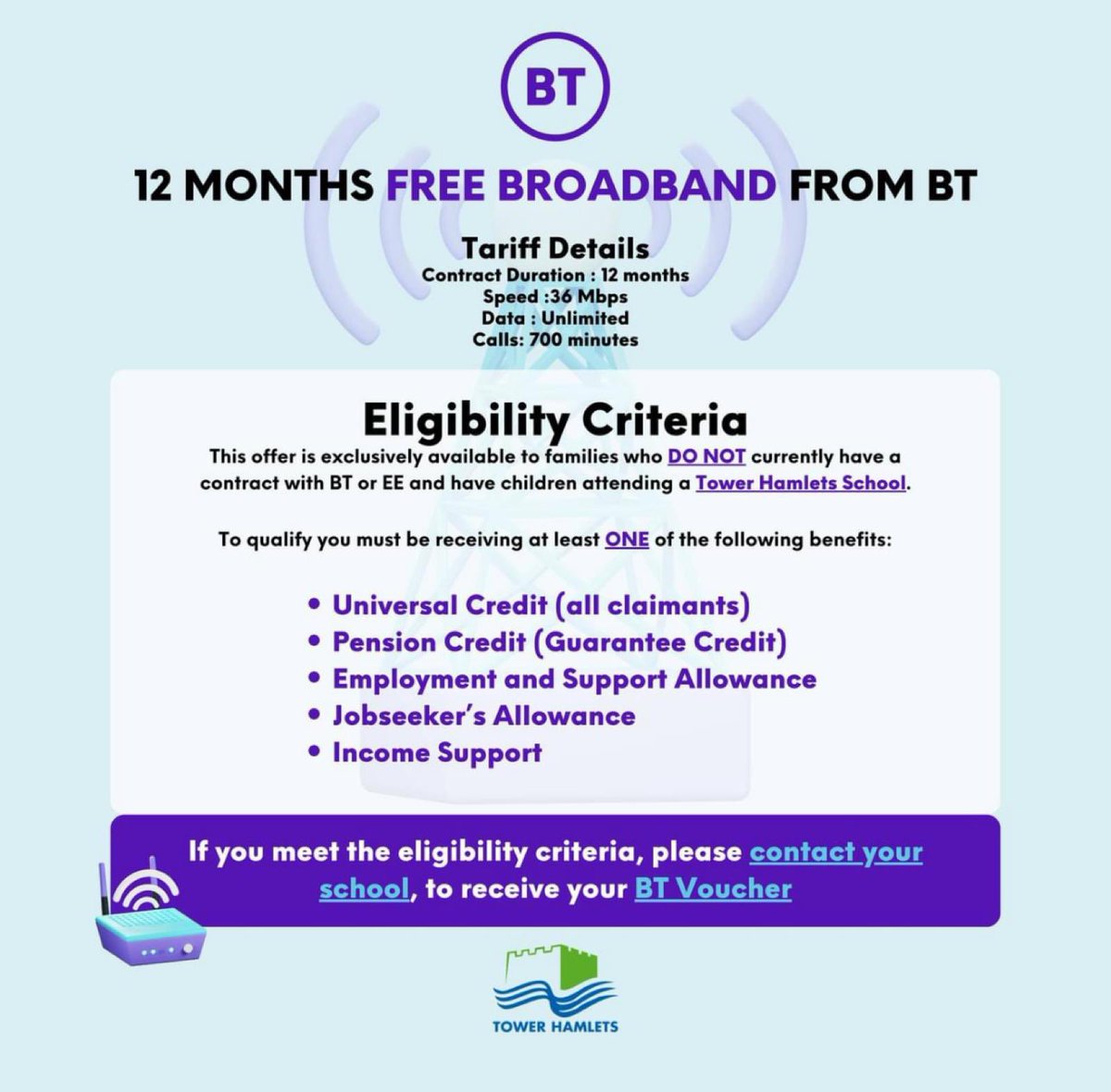🛜 Great news for #TowerHamlets parents with school-aged children - BT is offering 12 months of free broadband! 🛜

Please share among your friends to spread the word.

#freewifi #schoolsupport #digitalsupport #towerhamlets #towerhamletsschools #E14 #E3 #poplar #bow #mileend