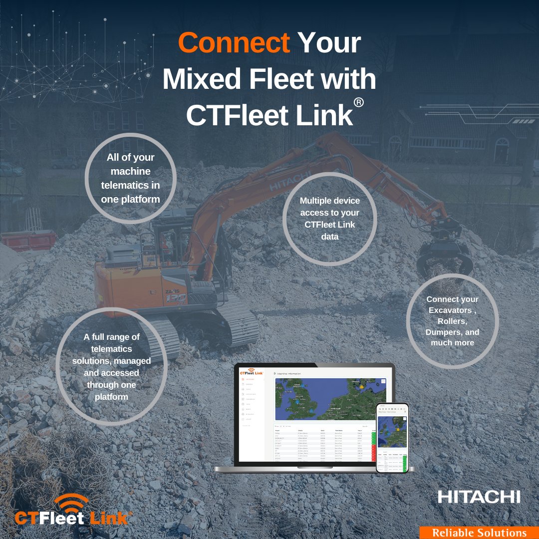 CTFleet Link® is a mixed-fleet telematics system, which gives you access to a live online portal to monitor the performance and location of not just your Hitachi equipment in real time but all of the machinery in your fleet. ➡️ ow.ly/eUbb50QU1Ff