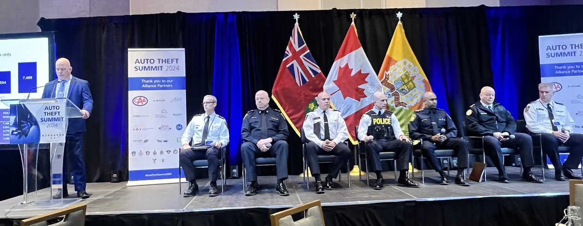 OACPOfficial's tweet photo. Some of our top #police leaders are providing an update on the serious state of #AutoThefts in #Ontario, including #OACP Board members @OPPCommissioner Tom Carrique, @ChiefNish, &amp; @TPSMyronDemkiw. We’re working together to help all communities feel safe. #AutoTheftSummit2024 https://t.co/lmfcYBwwGZ