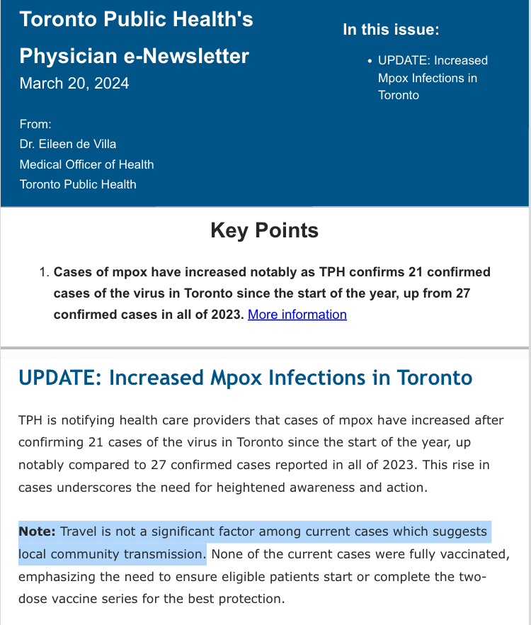 There is a rise in locally-acquired mpox (formerly known as monkeypox) cases in Toronto. Vaccines reduce the risk of infection, mitigate severity of disease & are available. ~99% of cases are in men (predominantly men who have sex with men).