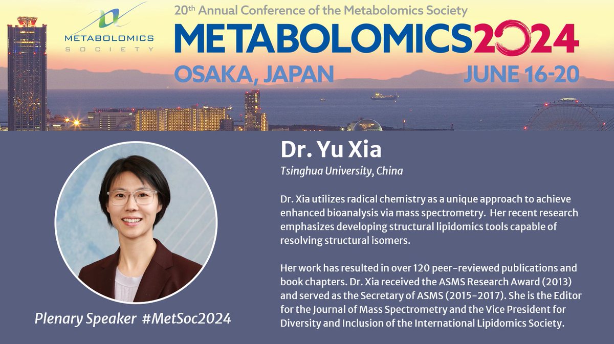 Featuring our #MetSoc2024 Thursday morning plenary speaker Dr. Yu Xia! Dr. Xia will present 'Illuminating the dark space of lipidome by isomer-resolved mass spectrometry' See you in Osaka! #metabolomics