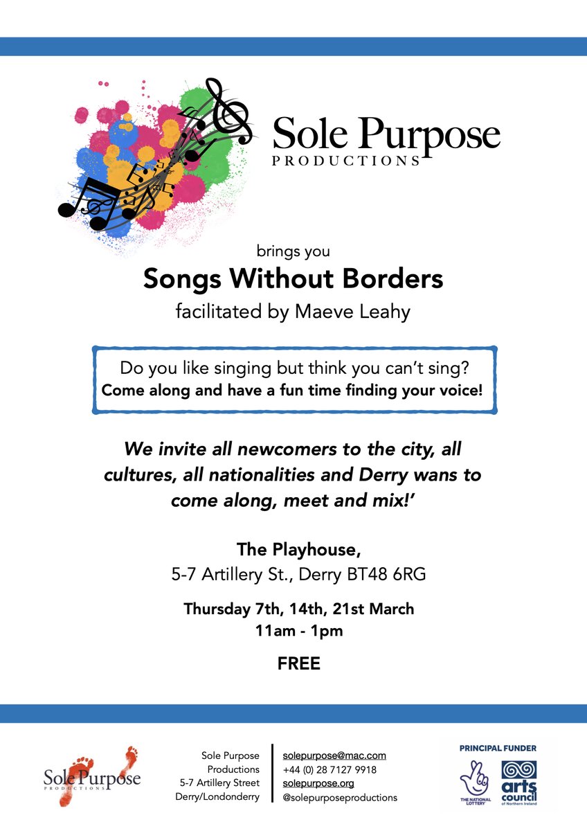 SONGS WITHOUT BORDERS
On tomorrow (21st March) 11am - 1pm. Come along, enjoy some singing, meet new people. Facilitated by the lovely Maeve Leahy.  Last week we learned a song in Arabic! 
@nwmforum <a href="/WhatsonDS/">What’s on DS</a> <a href="/ArtsCouncilNI/">Arts Council of Northern Ireland</a> <a href="/whatsonNI/">whatsonNI.com</a> <a href="/dcsdcouncil/">Derry Strabane Cncl</a> #Singing #RefugeesWelcome