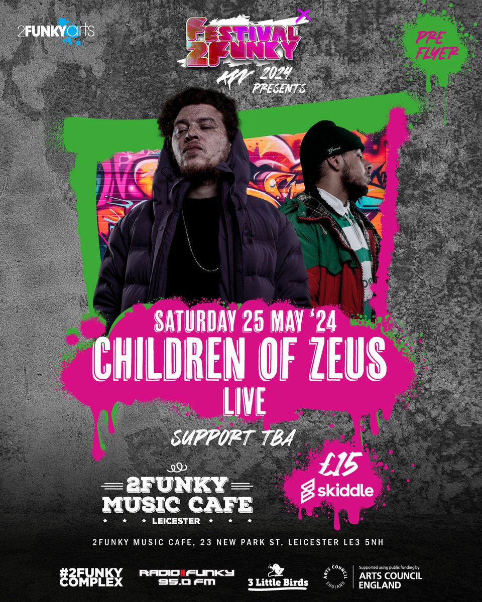 We are so excited to announce that @childrenofzeus_ will be performing at this years #festival2funky 🤩 Get your tickets asap before they sell out - skiddle.com/e/38038134 Date - Sat 25 May 8pm - 1am Venue - @2funkymusiccafe Supported by @ace_midlands