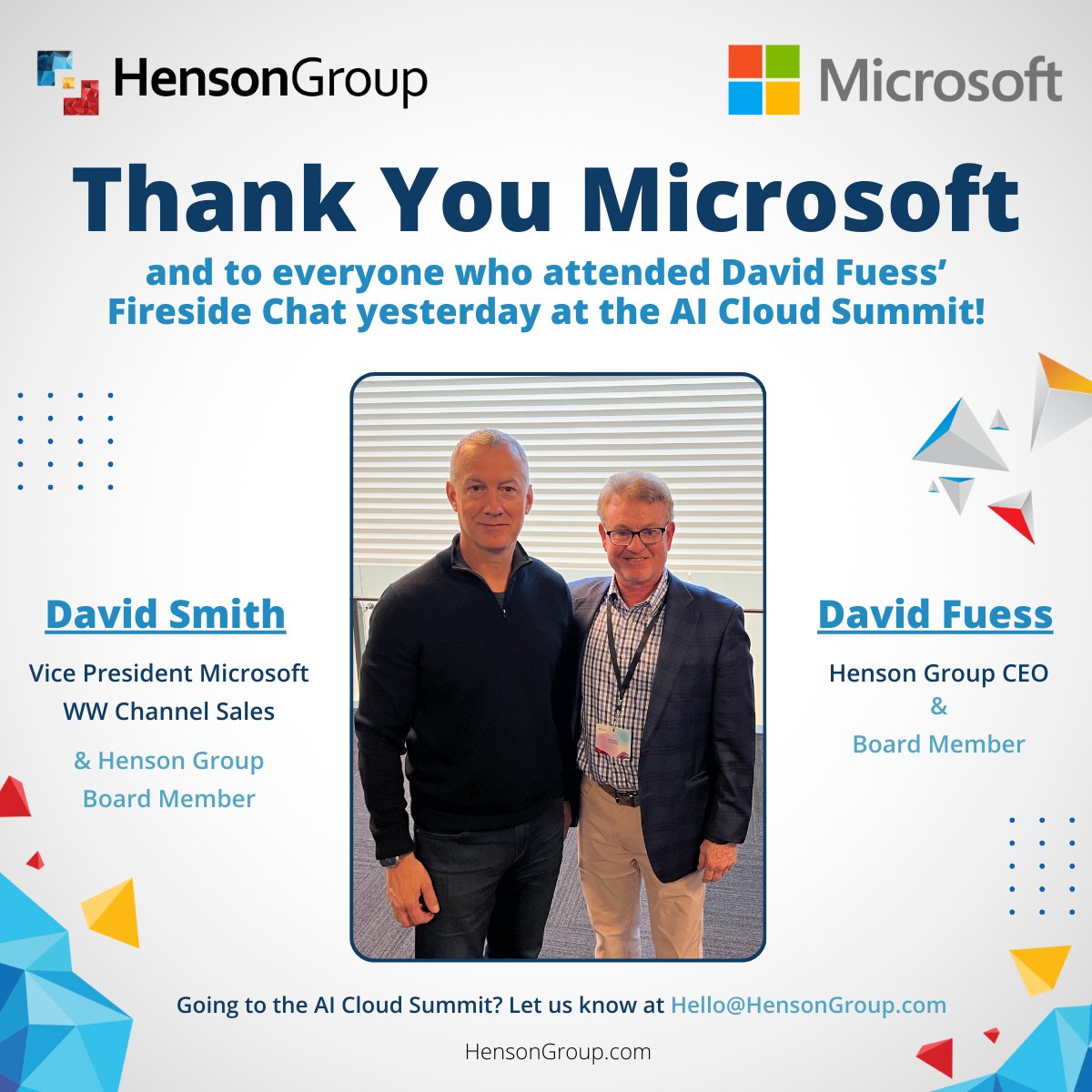 🔥 A heartfelt thank you to everyone who joined us at David Fuess' Fireside Chat during the Microsoft AI Cloud Summit yesterday! 

Stay tuned for what's coming next, because together, we're just getting started.

#HensonGroup