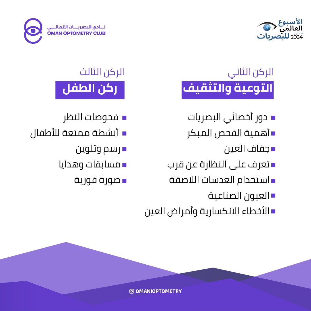 omanioptometry's tweet image. تعرفوا معنا على الأركان المصاحبة 
🗓️٢٢مارس ٢٠٢٤
🕰️ ٧-١١ مساءً 
📍ذا ڤيليج 
#الأسبوع_العالمي_للبصريات 
#worldoptometryweek #WOW2024 #optometry #oman