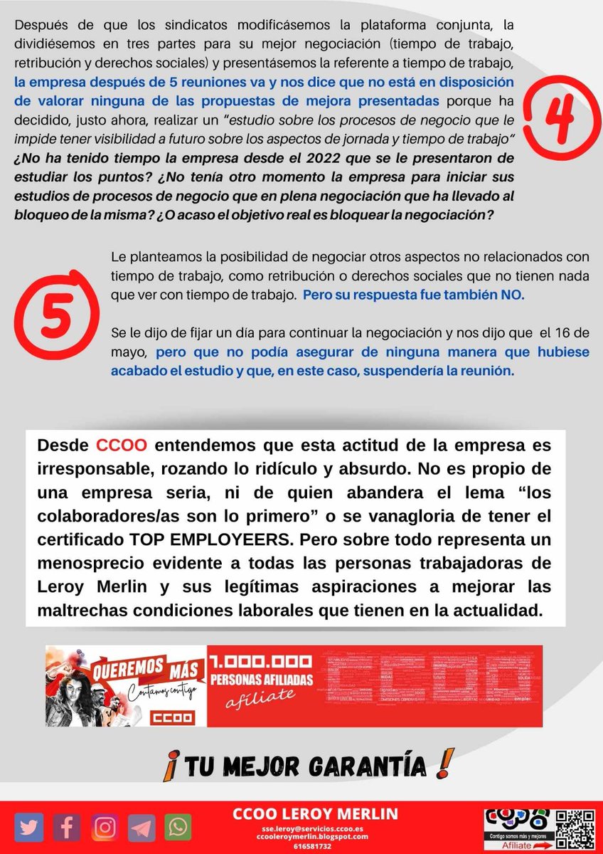CCOOLeroy's tweet photo. 🔴NOTICIAS ACUERDO LM

#LeroyMerlin abandona la mesa de negociación del II ACUERDO DE EMPRESA. 

Tras 2 meses y 5 reuniones @LeroyMerlinCorp ha decidido unilateralmente suspender las negociaciones.

#CCOOLeroyMerlin reprueba la decisión por irresponsable y absurda.

Más info 👇 https://t.co/YMqjDyPs57