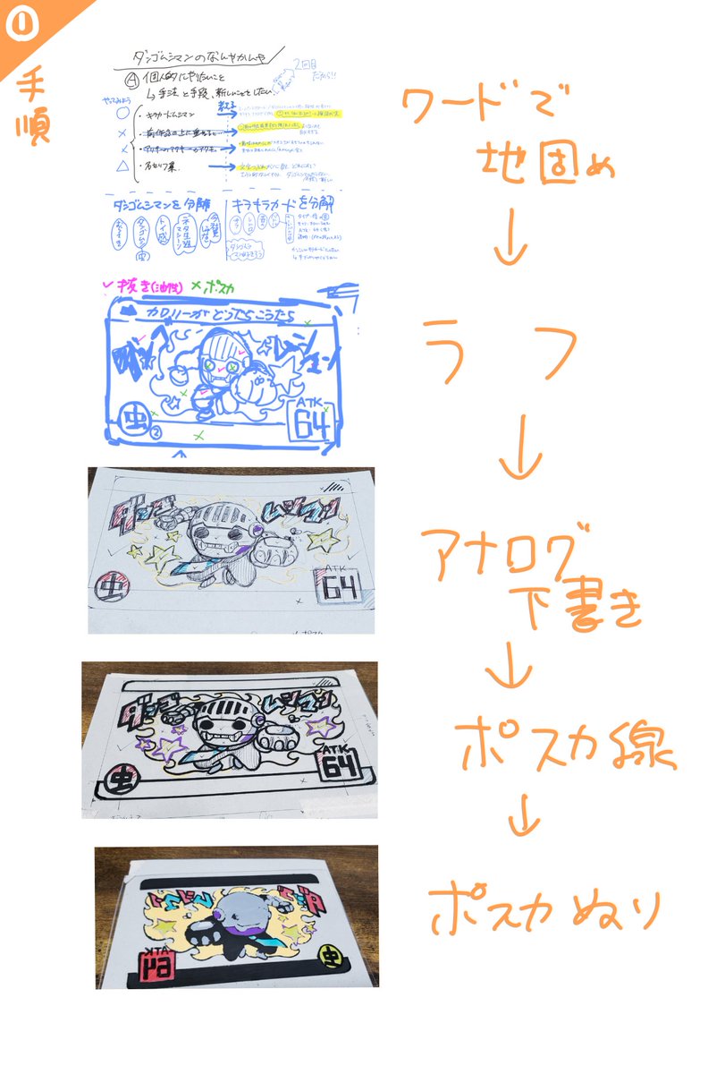 フリーフォントを使ってます。
あと作業手順です。アナログって戻るボタン無いから大変だなって当然のことに気づきました 