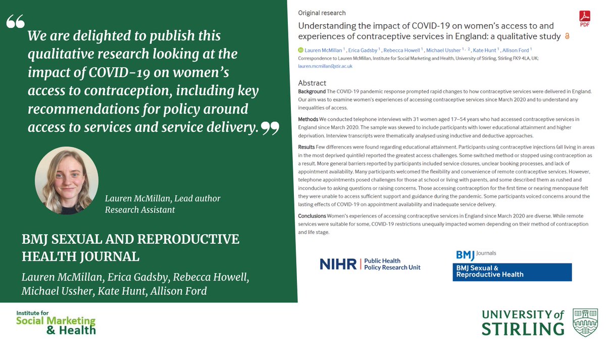 Our @ismh_uos colleagues @LaurenMcM, @EricaGadsby, Rebecca Howell, Michael Ussher, @KateHunt2013 & Alison Ford have a new publication in the BMJ Sexual & Reproductive Health journal! You can access it for free here: stir.ac.uk/9ue