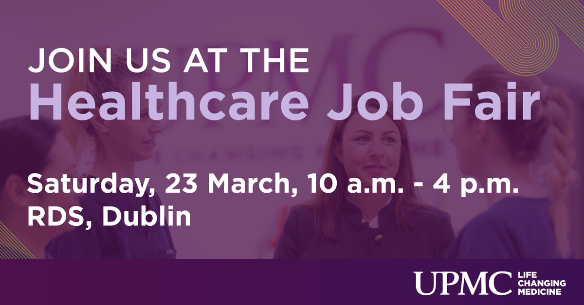 Our team will be at the @HcJobFair in Dublin's RDS to meet with candidates to discuss the current opportunities available in the UPMC network across nursing (endoscopy, theatre, coronary care), radiation therapy, radiology, cardiac physiology, and more. upmc.ie/careers.