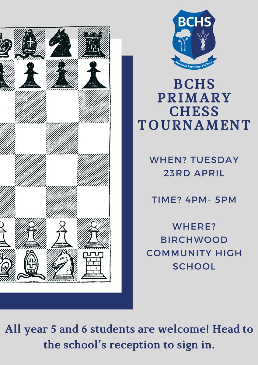 We will be hosting our first Warrington Primary Chess Tournament on Tuesday 23rd April, from 4pm to 5pm. If your child is in year 5 or 6 and would like to attend this event, please sign them up via the link below: buff.ly/3VnyzU3