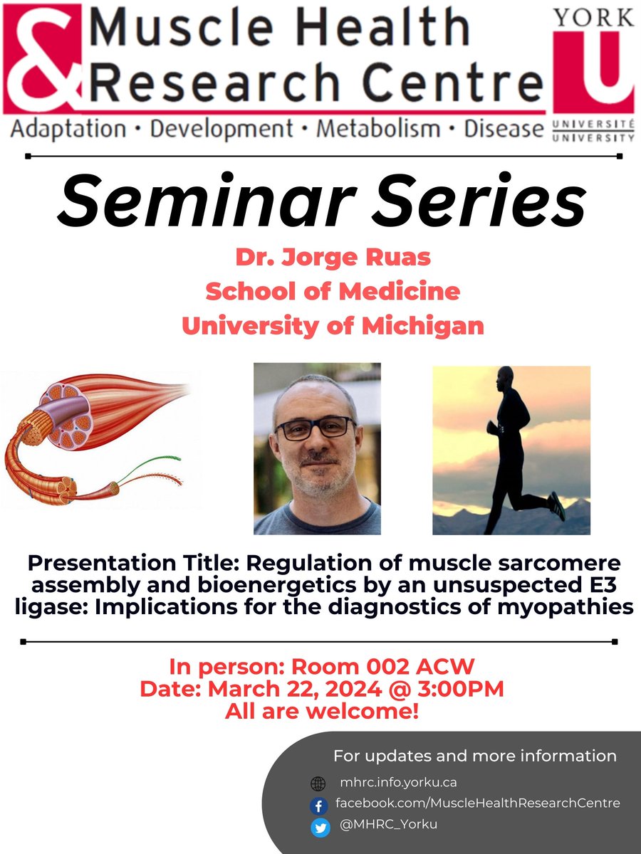 Please join us in person this Friday (3pm Toronto time) for the MHRC Seminar featuring @ruaslab (U Michigan) who will speak on 'Regulation of muscle sarcomere assembly and bioenergetics by an unsuspected E3 ligase' Room 002 Accolade bldg. W
