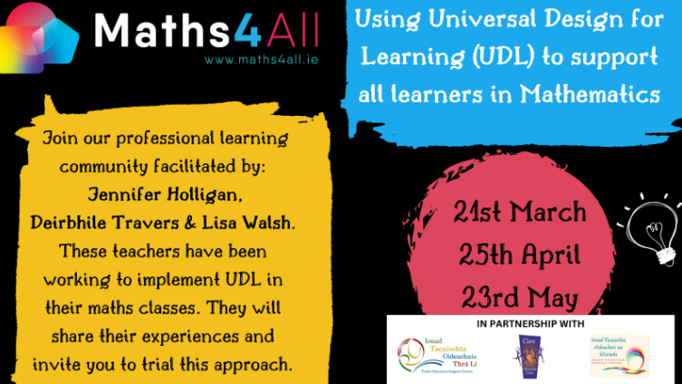 ➡️Using Universal Design for Learning to support all learners in Mathematics 📅Thursdays - 21st March, 25th April & 23rd May 2024 ⏲️7pm - 8pm 🗣️Jennifer Holligan, Deirbhile Travers & Lisa Walsh 📌Zoom 💰FREE ®️ zoom.us/meeting/regist… @CentreNavan @TraleeESC @maths4all