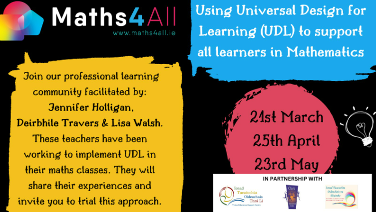 Clare Education Centre (@clareedcentre) on Twitter photo ➡️Using Universal Design for Learning to support all learners in Mathematics
📅Thursdays - 21st March, 25th April & 23rd May 2024
⏲️7pm - 8pm
🗣️Jennifer Holligan, Deirbhile Travers & Lisa Walsh
📌Zoom
💰FREE
®️ zoom.us/meeting/regist…
<a href="/CentreNavan/">Navan Garden Centre</a>
<a href="/TraleeESC/">Tralee Education Support Centre</a> 
<a href="/maths4all/">maths4all_IRL</a> ➡️Using Universal Design for Learning to support all learners in Mathematics
📅Thursdays - 21st March, 25th April & 23rd May 2024
⏲️7pm - 8pm
🗣️Jennifer Holligan, Deirbhile Travers & Lisa Walsh
📌Zoom
💰FREE
®️ zoom.us/meeting/regist…
<a href="/CentreNavan/">Navan Garden Centre</a>
<a href="/TraleeESC/">Tralee Education Support Centre</a> 
<a href="/maths4all/">maths4all_IRL</a>
