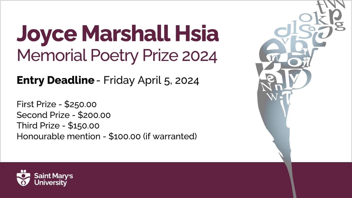 📢Calling all aspiring poets at @smuhalifax! @SMU_English is now accepting submissions for the 2024 Joyce Marshall Hsia Memorial Poetry Prize, open to all currently enrolled students across the university. For more info and entry requirements, visit loom.ly/7vU5eq4