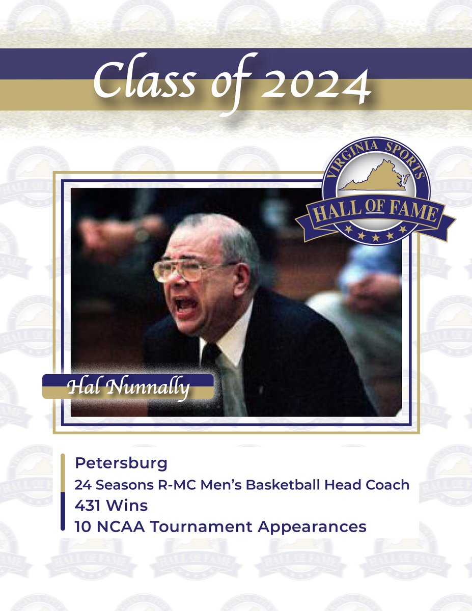 Continuing our 1-month countdown!

Did you know, Hal Nunnally received 5 Conference Coach of the Year Awards (Mason-Dixon x 2, and <a href="/odacathletics/">ODAC</a> x 3), during his time with <a href="/RMCHoops/">Randolph-Macon Hoops</a> 

Tickets for the 2024 Induction Weekend are on sale now! <a href="/Henrico_SEA/">HenricoSEA</a>

vasportshof.com/2024-induction…