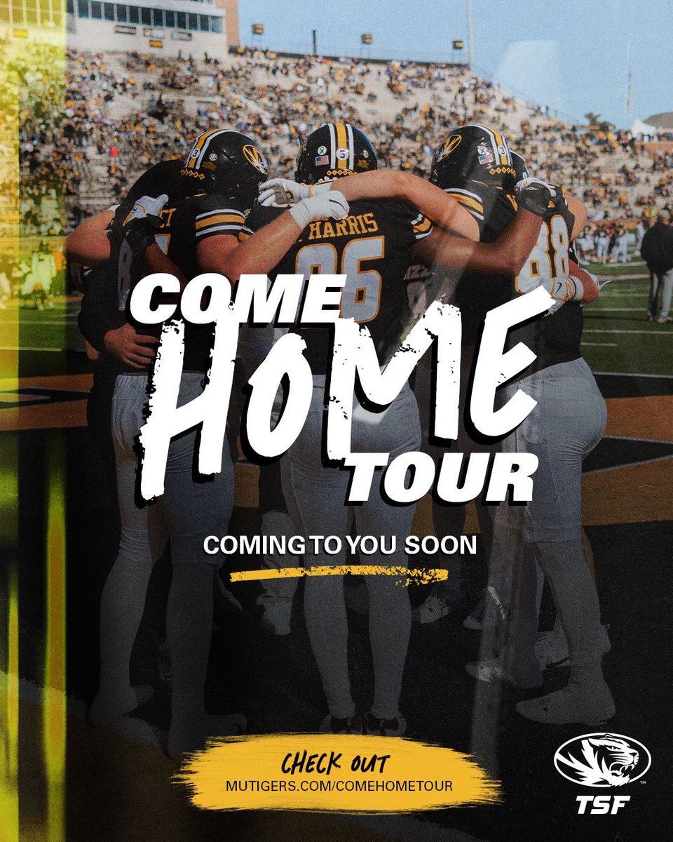 KEEP ON THE LOOKOUT FOR THE COME HOME TOUR 2024, MAKING A STOP NEAR YOU! DON'T MISS YOUR CHANCE TO HANG OUT WITH OTHER TIGER FANS AND MEET MIZZOU COACHES AND ATHLETES! REGISTER AT MUTIGERS.COM/COMEHOMETOUR #ROARLOUDER2024