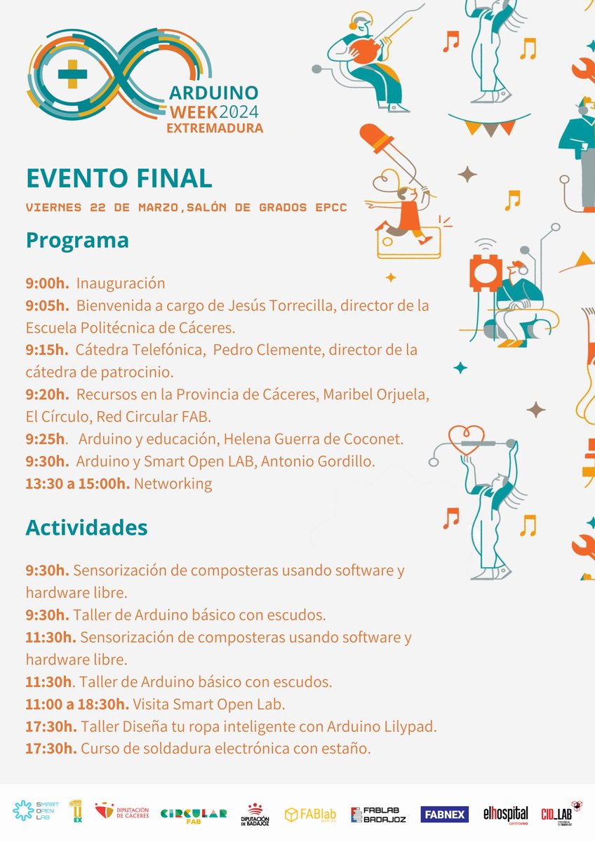 ArduinoWeekEx's tweet image. 📢¡Te invitamos este viernes al evento final de #ArduinoWeekEx2024 en la EPCC!

Consulta el programa y únete a las actividades, puedes inscribirte en arduinoweekextremadura.es. ¡Todavía tenemos plazas disponibles! 

Te esperamos 👇