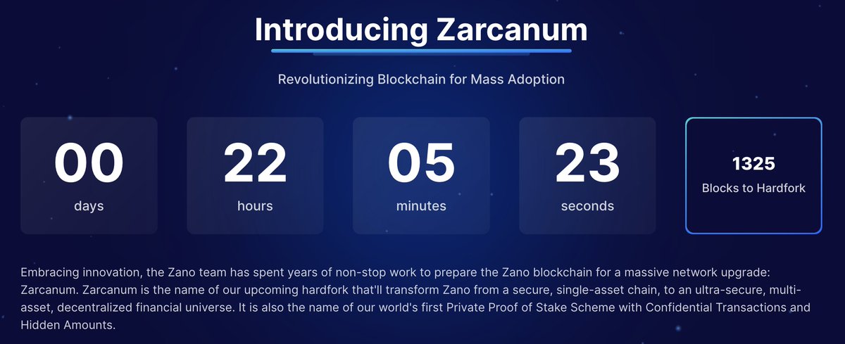 It's less than a day to go before the activation of hardfork 4 (also called "#Zarcanum") in $Zano.
Btw, loving the countdown by <a href="/pavelravaga/">ravaga</a> and the team: zano.org