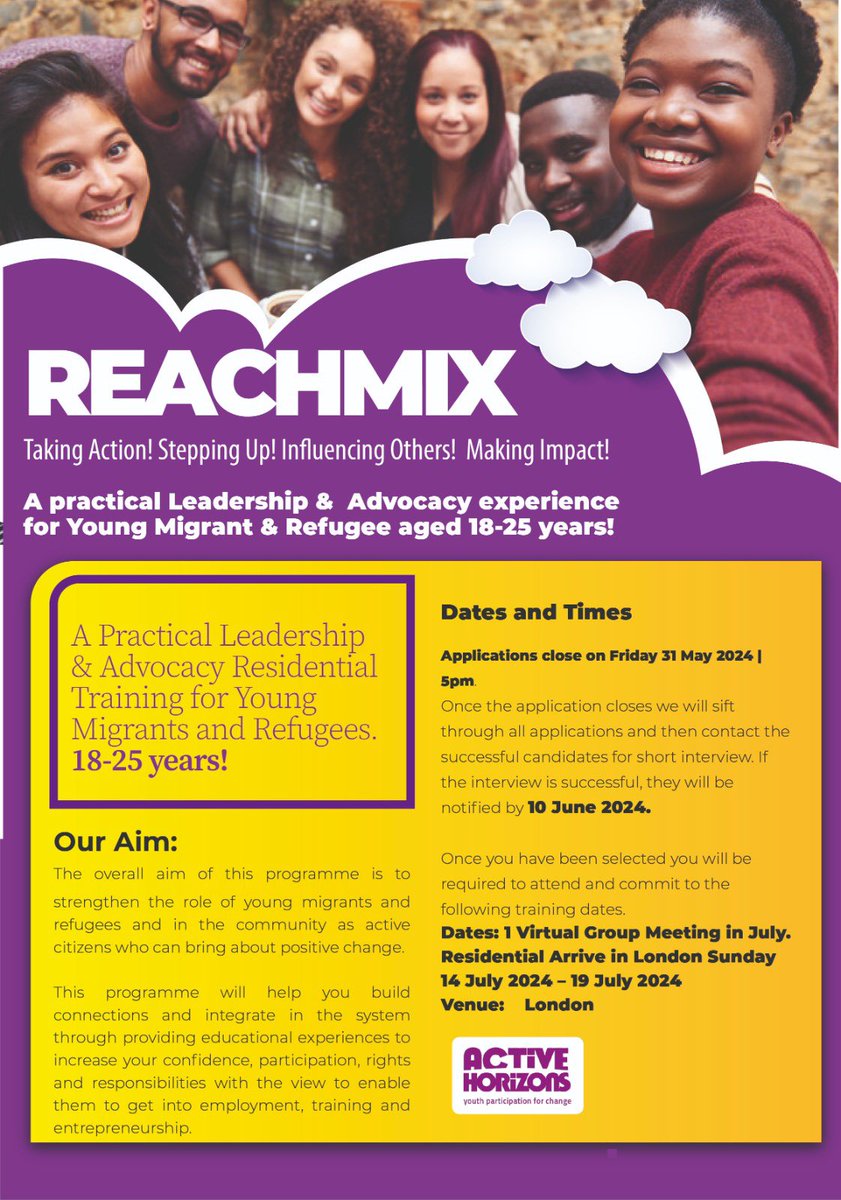 Today we launch the ReachMix programme for newly arrived migrant and refugee young people aged 18-25 years. A fully packed week-long residential that will provide build capacity to help young people integrate fully and thrive. Applications open activehorizons.org/event/reachmix…