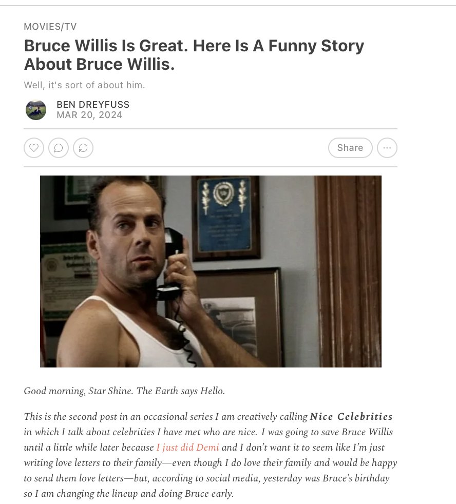 Yesterday was Bruce Willis's birthday. My gift to him is that this post has no paywall so it can be read by even the haters and the losers calmdownben.com/p/bruce-willis…