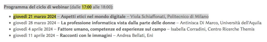 #savethedate @eni Parte l'iniziativa >La mia idea di digitale: “Prospettive al femminile” (4 webinar formativi) GIOVEDI' 21 marzo 2024 dalle 17:00 alle 18:00 Aspetti etici nel mondo digitale – Viola Schiaffonati, Politecnico di Milano Come partecipare? programmailfuturo.it/progetto/digit…