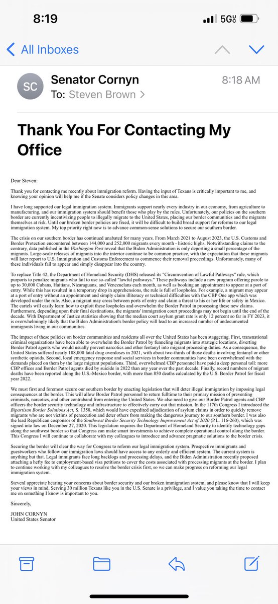 AttyStevenBrown's tweet image. Hey @JohnCornyn can you tell your staffer that responded to my letter on the #greencardbacklog set up by @Area51cast has nothing to do with the southern border and more about hard working families who have waited (or will wait) decades for a green card