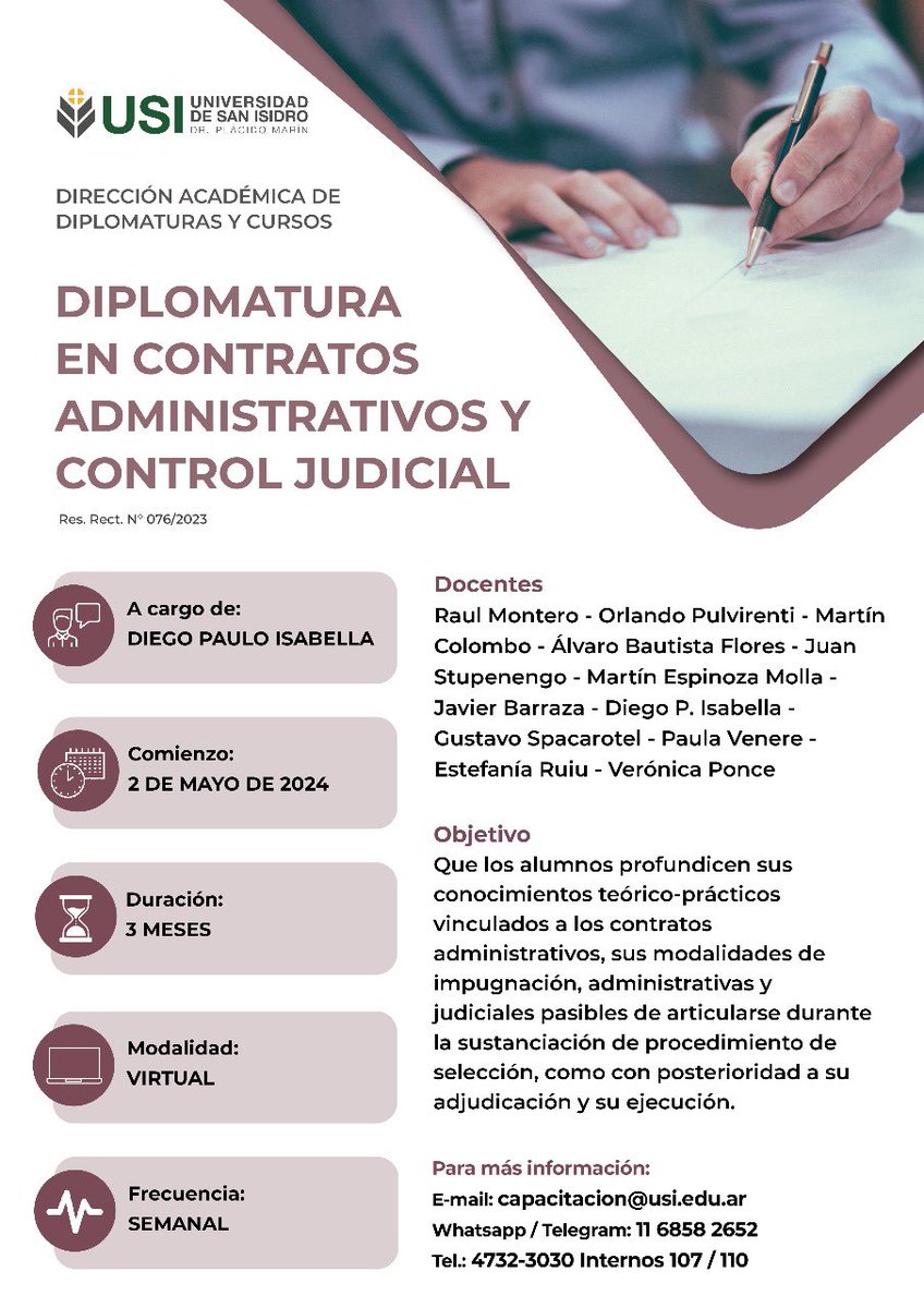 Diplomatura en Contratos Administrativos y Control Judicial. 100% VIRTUAL, en <a href="/USanIsidro/">USI</a>. Cupos limitados. Para mas información, y descuentos les dejo el link.                                                                                   👉usi.edu.ar/diplomaturas-c…