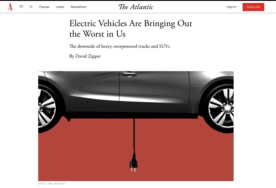 W absolutely need electric vehicles. But we don't need enormous electric SUVs that weigh as much as a tank an accelerate like a race car. theatlantic.com/ideas/archive/…