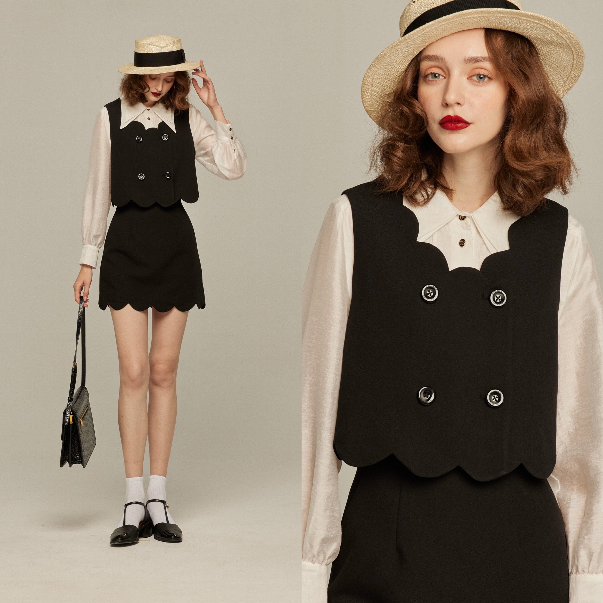 tnewties そばかすができた ベスト そばかすができた》スカラップデザインダブルブレストベスト