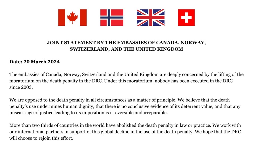 Déclaration conjointe sur la levée du moratoire sur la peine de mort en RDC des ambassades du Canada, de la Norvège, du Royaume-Uni et de la Suisse.