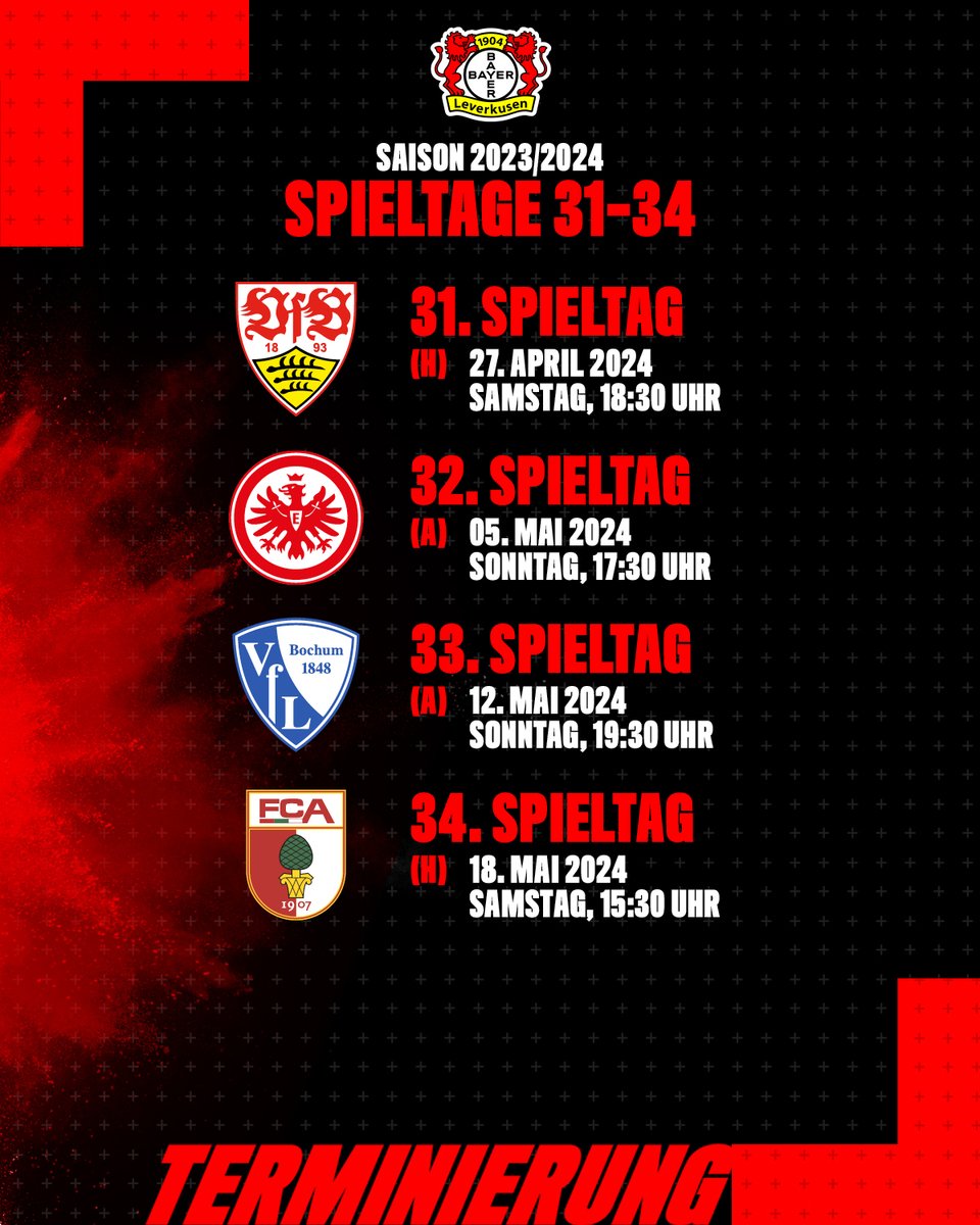 🔜 Das Saisonende naht! Die @DFL_official hat die letzten offenen #Bundesliga-Partien zeitgenau angesetzt. 👇
 
Am 34. Spieltag werden wie immer alle Spiele zeitgleich angepfiffen. 

#B04VFB | #SGEB04 | #BOCB04 | #B04FCA | #Werkself