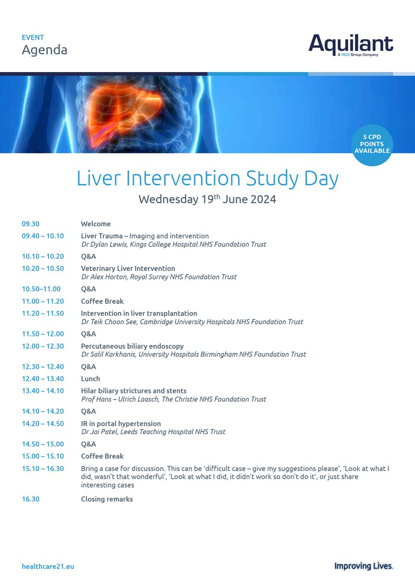 ‼️OVER 50% OF PLACES HAVE ALREADY GONE‼️
The Liver Intervention Study Day is going be a fantastic day of insightful lectures and provide plenty of learning opportunities! 
🗓️19 June 2024
🕤9.30am - 4.30pm
📍London 
⬇️REGISTER NOW⬇️
events.eventzilla.net/e/liver-interv…
#irad #livertwitter #IR
