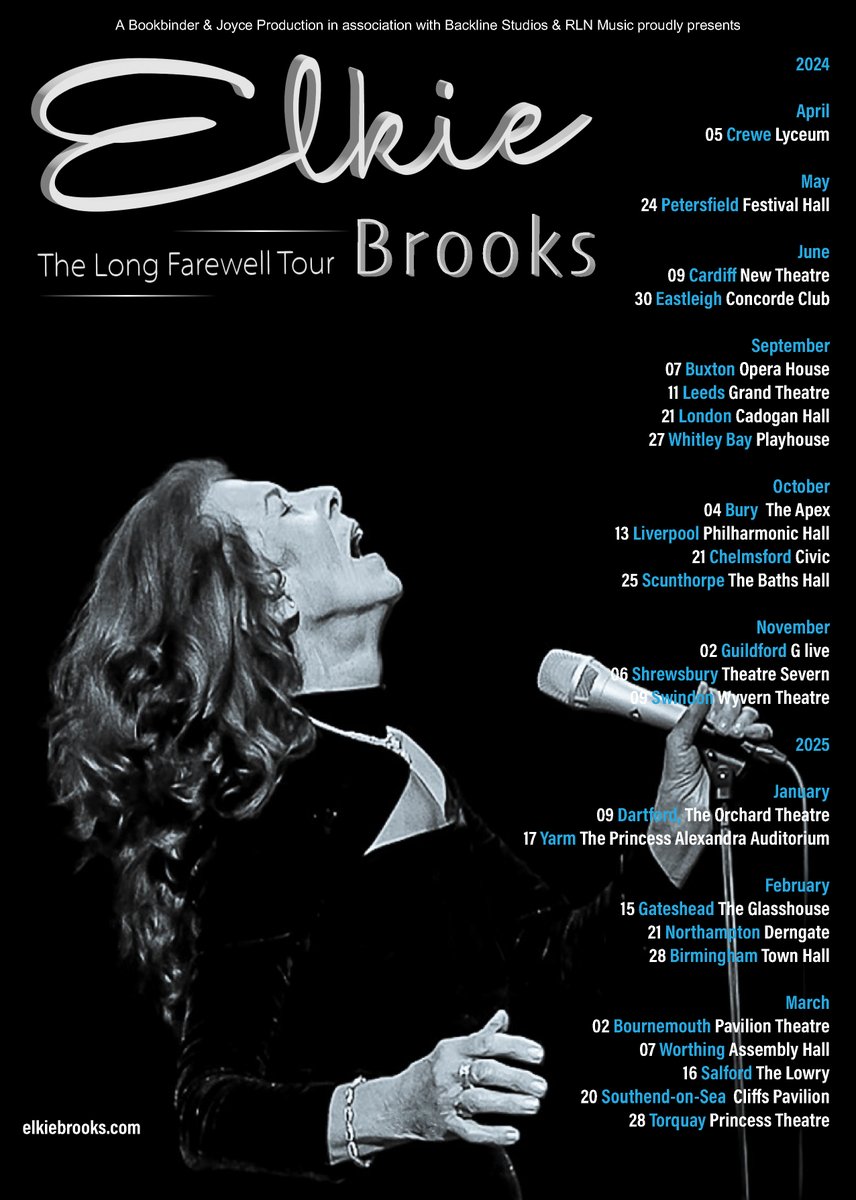 Announcing 'The Long Farewell Tour' Having started her career in music in 1960 a remarkable 64 years of performing live Elkie Brooks will embark upon her 'Long Farewell Tour'. Tickets go on sale this Fri 22 March. For details visit elkiebrooks.com More dates to be added!