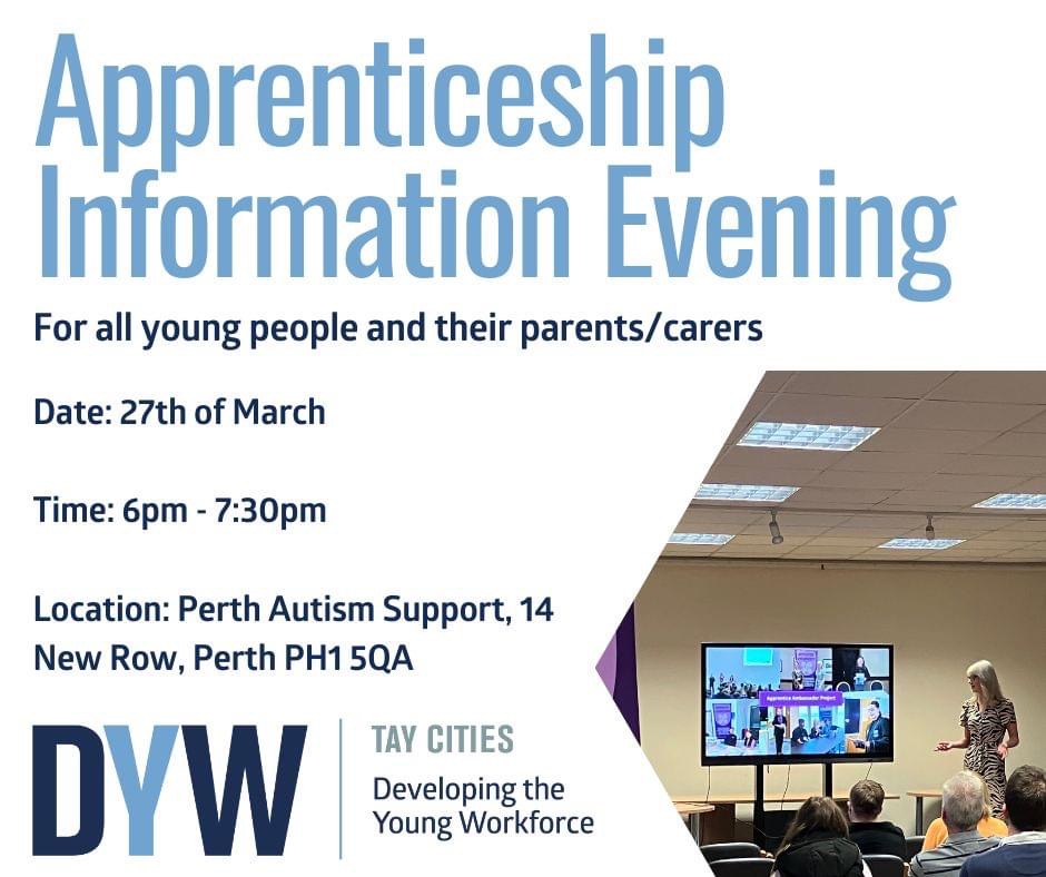 1/2 #Event | All young people and parents/carers are invited to an #Apprenticeship Information Evening on 📅Wednesday 27 March from ⌚️6-7:30pm at 📍@Perth_Autism 👉Book your free tickets: 🔗ow.ly/wnER50QXAfE @DYWTayCities #SchoolCollegePartnership #UHIPerth #ThinkUHI