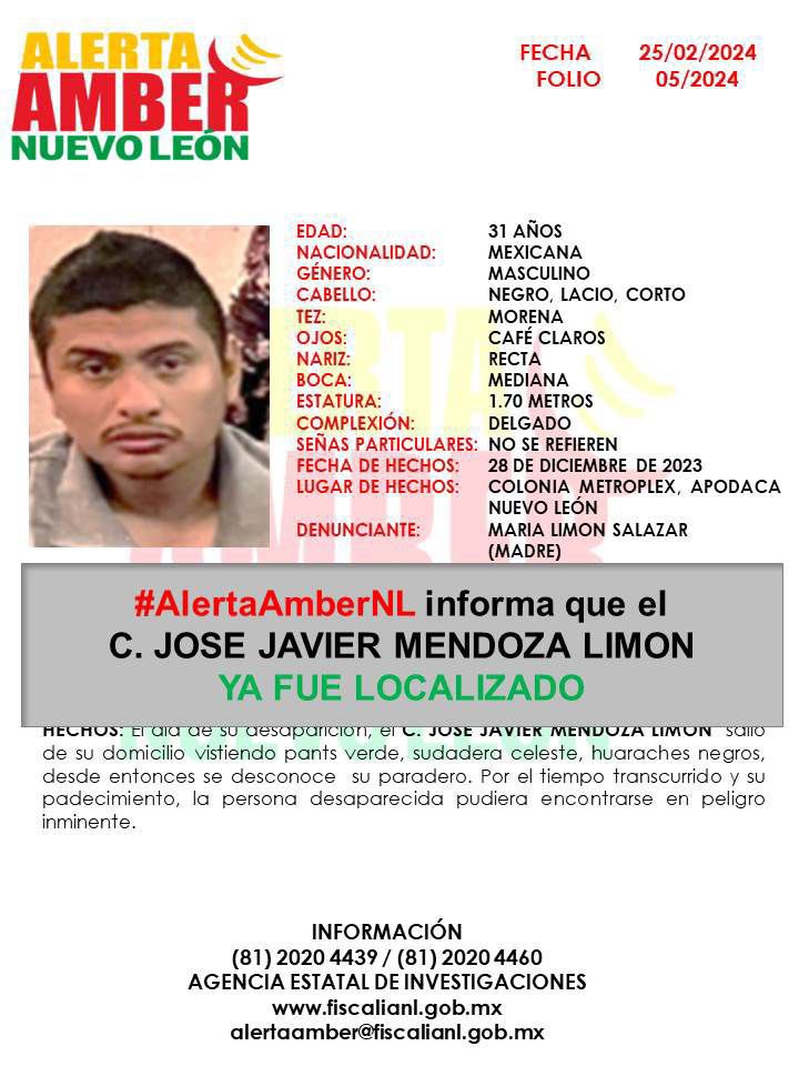 📣 SE DESACTIVA #AlertaAMBER Agradecemos su colaboración, el C. JOSE JAVIER MENDOZA LIMON ya fue localizado #AlertaAmberNL