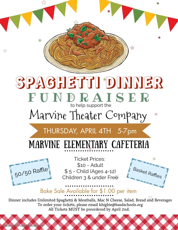 Come support the Marvine Theater Company at their Spaghetti Dinner Fundraiser on Thursday, April 4th! All proceeds go towards our 2024 production of Pinocchio! Email khigbie@basdschools.org by April 2nd to reserve your tickets.