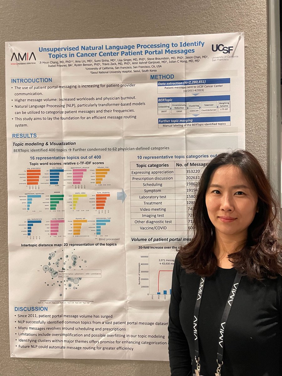 Julian Hong (@julian_hong) on Twitter photo Come by <a href="/jihyunRadOnc/">Ji Hyun Chang</a>’s poster looking at patient portal (MyChart) messages at <a href="/UCSFCancer/">UCSF Helen Diller Family Comprehensive Cancer Ctr</a>! <a href="/jihyunRadOnc/">Ji Hyun Chang</a> applied #NLP approaches to identify common topics to hopefully improve triage (and reduce physician burnout)!
#is24
<a href="/UCSF_BCHSI/">UCSF Bakar Computational Health Sciences Institute</a> <a href="/UCJointCPH/">UC Joint Computational Precision Health Program</a> Come by <a href="/jihyunRadOnc/">Ji Hyun Chang</a>’s poster looking at patient portal (MyChart) messages at <a href="/UCSFCancer/">UCSF Helen Diller Family Comprehensive Cancer Ctr</a>! <a href="/jihyunRadOnc/">Ji Hyun Chang</a> applied #NLP approaches to identify common topics to hopefully improve triage (and reduce physician burnout)!
#is24
<a href="/UCSF_BCHSI/">UCSF Bakar Computational Health Sciences Institute</a> <a href="/UCJointCPH/">UC Joint Computational Precision Health Program</a>