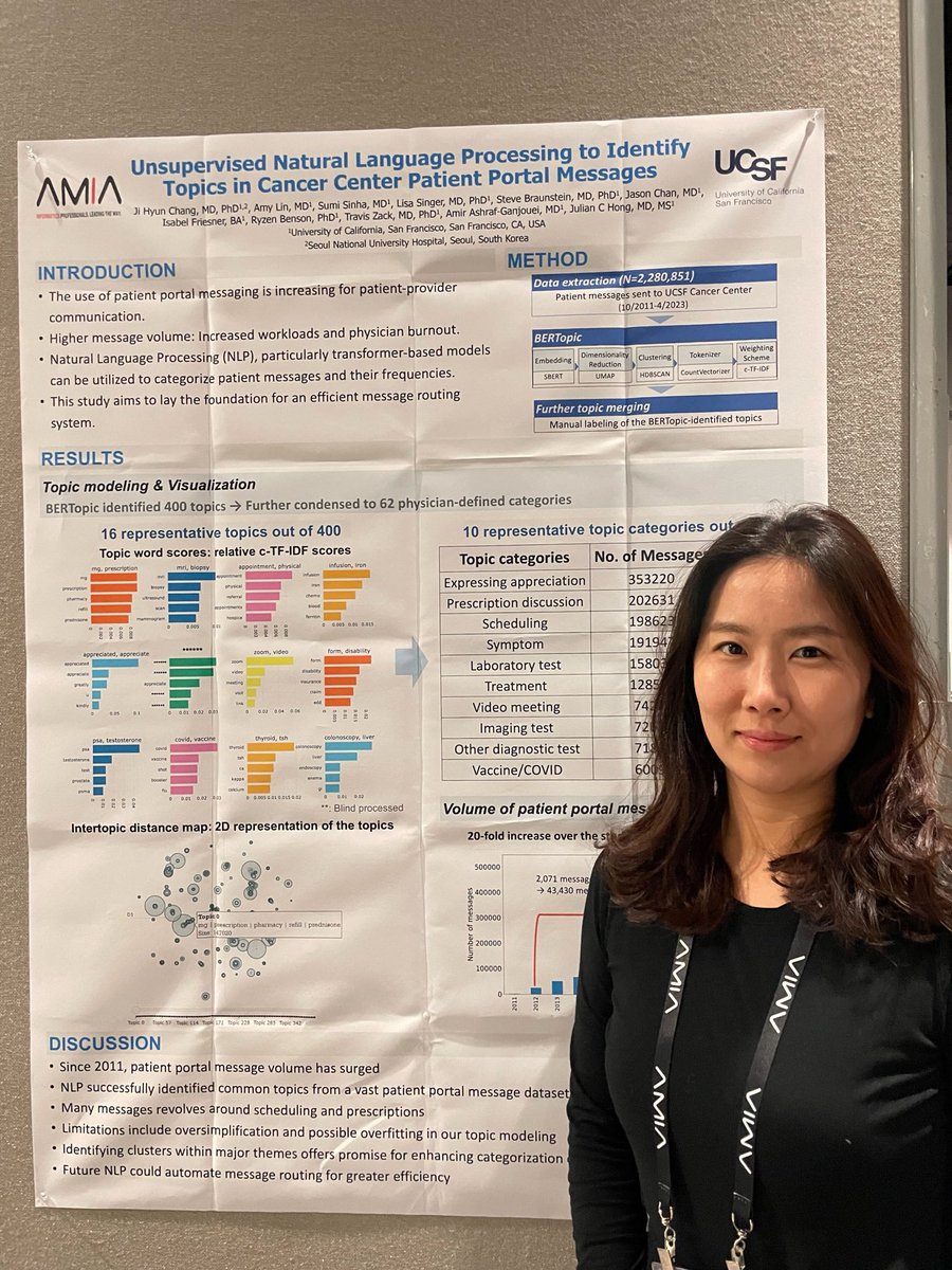 Come by @jihyunRadOnc’s poster looking at patient portal (MyChart) messages at @UCSFCancer! @jihyunRadOnc applied #NLP approaches to identify common topics to hopefully improve triage (and reduce physician burnout)! #is24 @UCSF_BCHSI @UCJointCPH