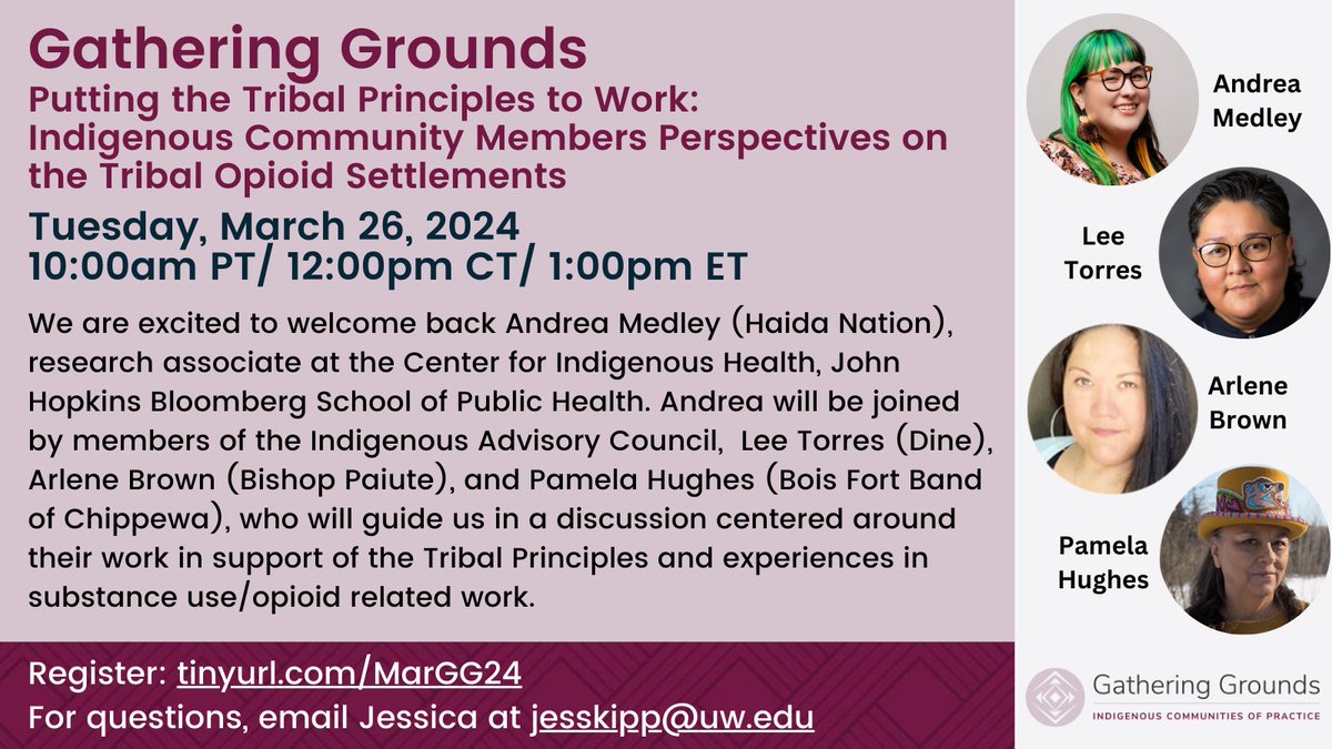 Join Andrea Medley, research associate @JHUCIH and members of the Indigenous Advisory Council at Gathering Grounds next Tuesday, March 26 1 pm EST to hear updates on tribal opioid settlements. Register here: tinyurl.com/MarGG24.