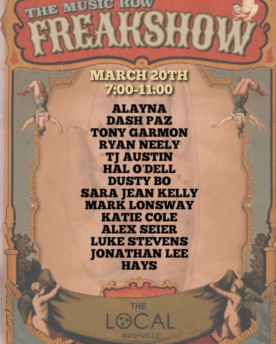 Excited to be back at the Music Row Freakshow tonight, one of the best rounds in town! I’ll be on first at 7pm. If you’re in the Nashville area…I’d love to see you! 🤘🏼