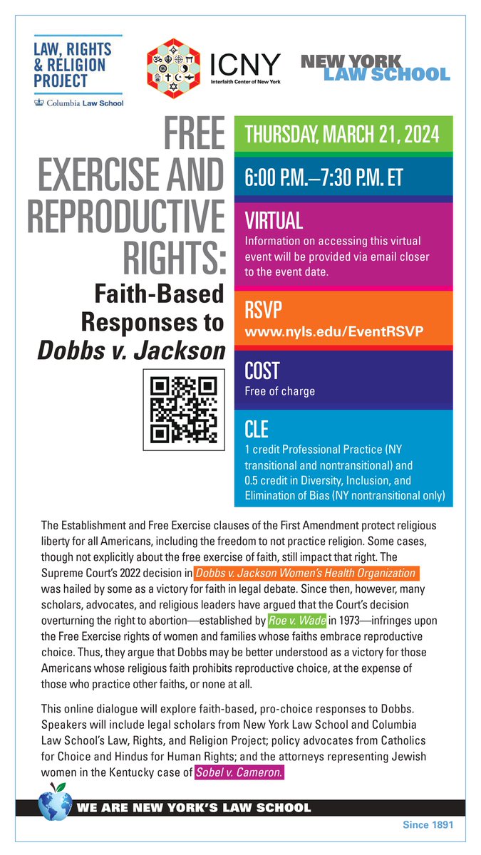 LawRtsReligion's tweet image. ⏰ Tomorrow! 🗓️ LRRP&apos;s @ProfKFranke and @ChristineRiain will speak at this virtual, CLE-eligible event focused on #FreeExercise, #ReproductiveRights and faith-based responses to #Dobbs v. Jackson.

Register now to join us: nyls.edu/eventrsvp